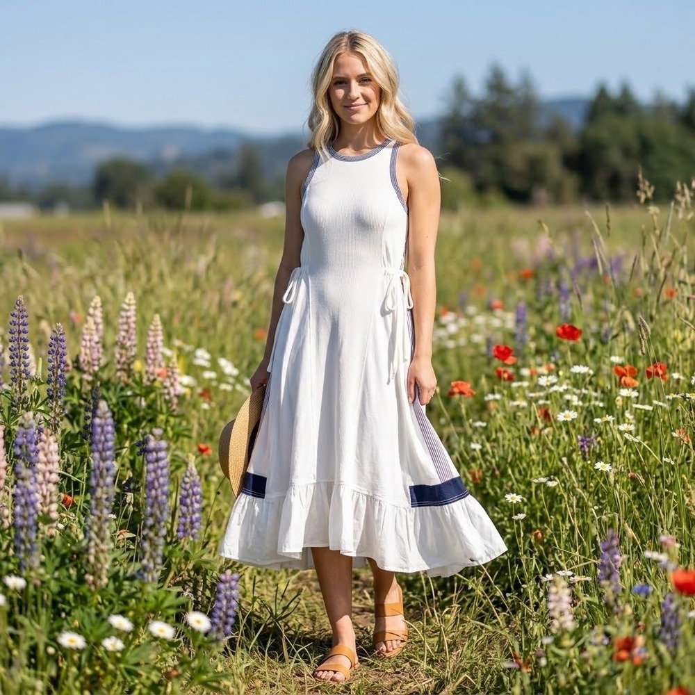 Daily Practice Ball Toss by Anthropologie White Striped Ruffle Midi Dress XS